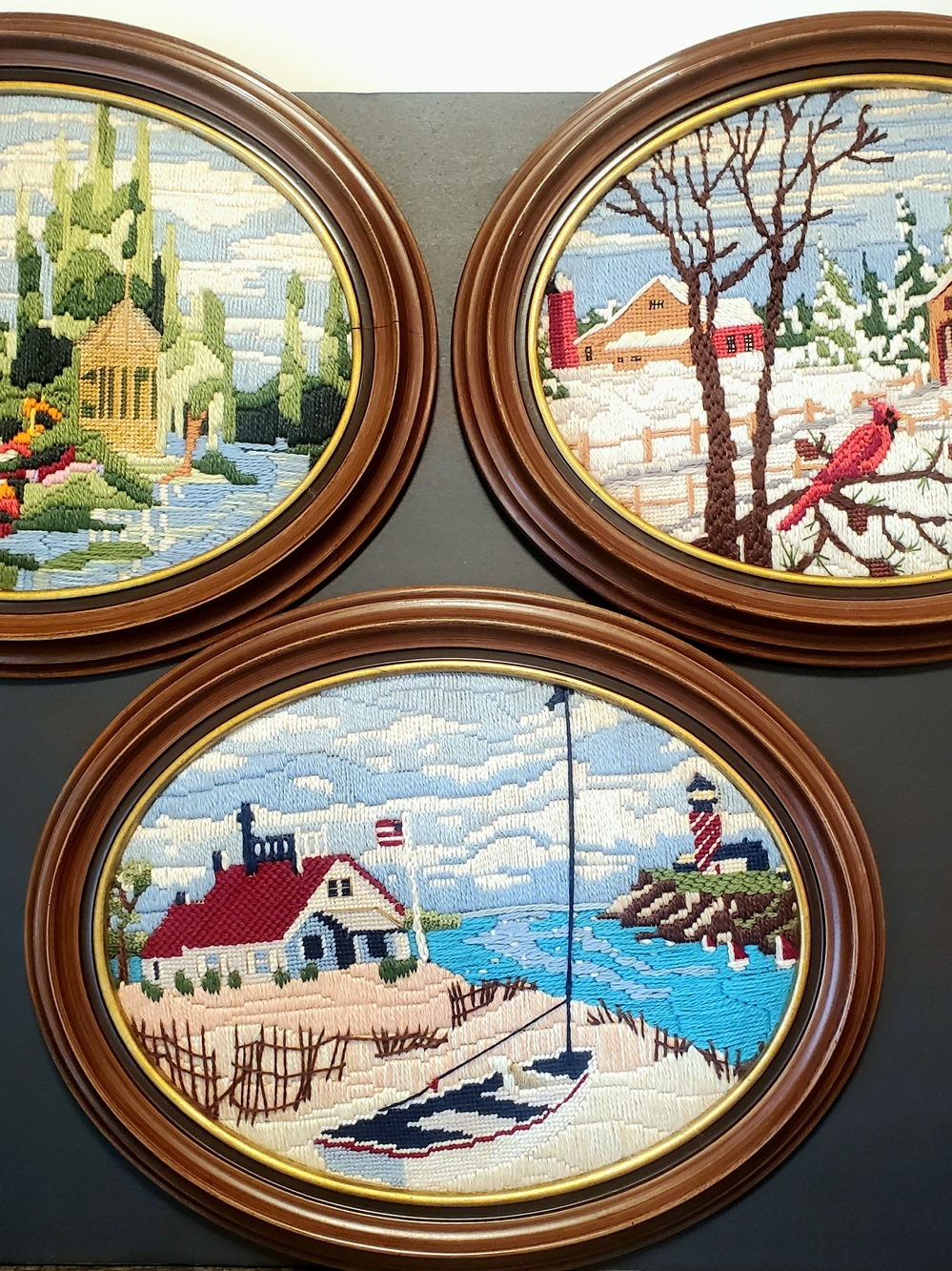 Scenic Needlepoint in Oval Wood Frames Vintage Landscapes